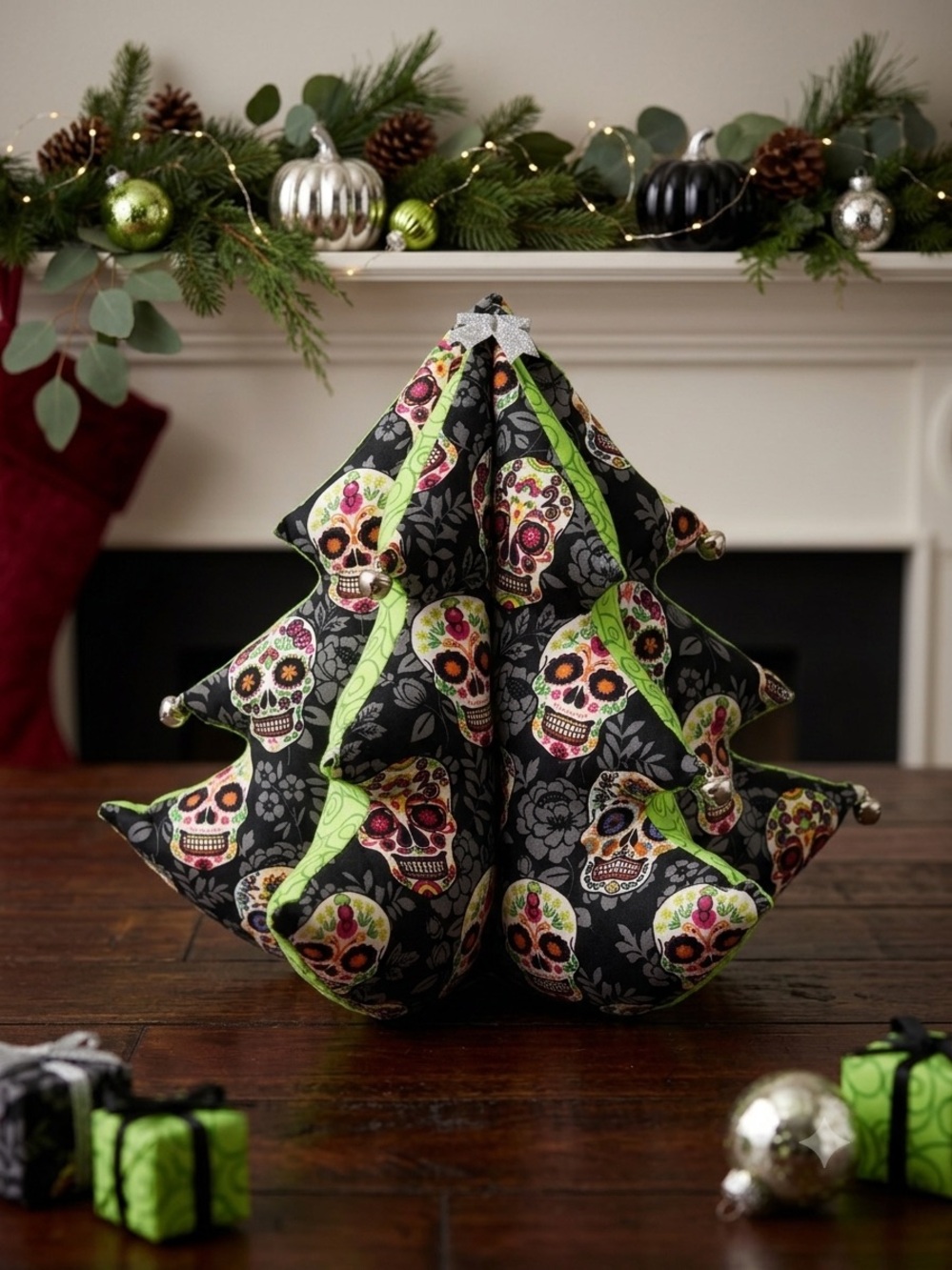 Handmade Sugar Skull Christmas Tree, 11" Spooky Holiday Decor